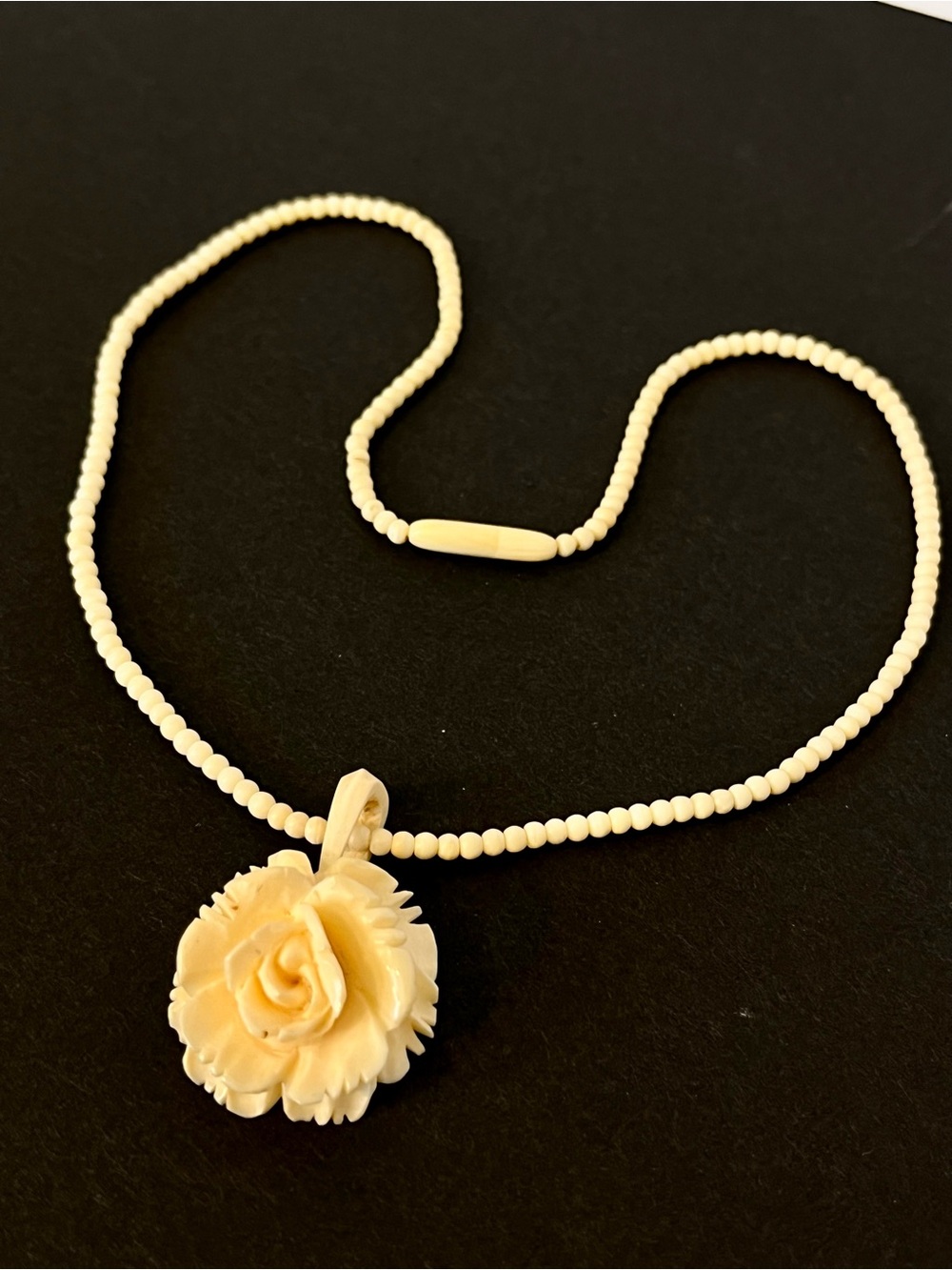 Antique Hand Carved Bone Flower Pendant & Necklace - Cream Bead Bone Chain